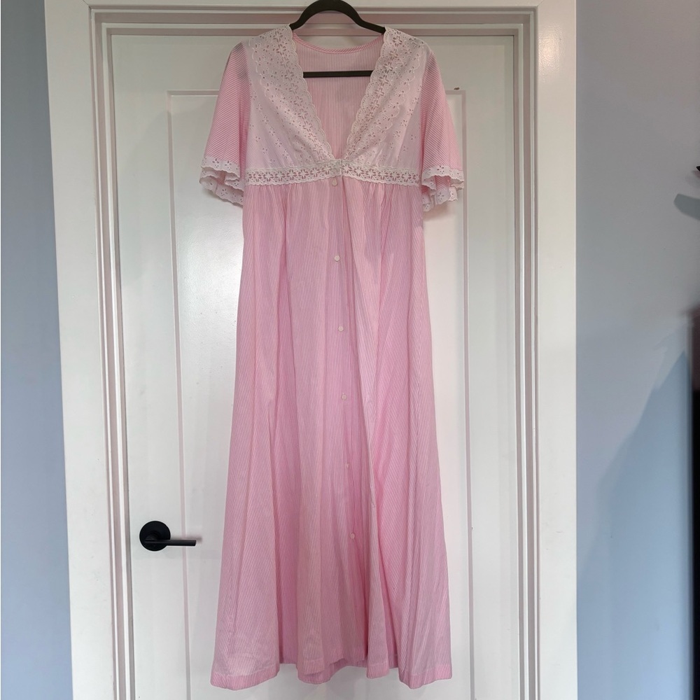 Vintage Handmade Pink & White Striped W/ Lace Long Nightgown Pajama Dress